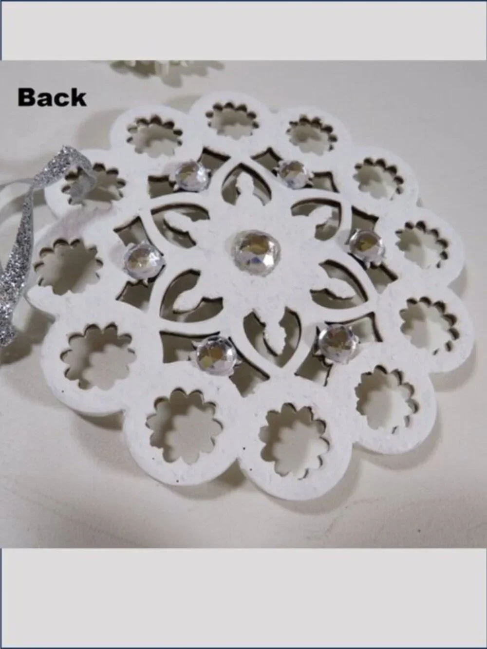 White Wood Snowflake Ornaments Set 6 Rhinestone Double Sided Hand Painted